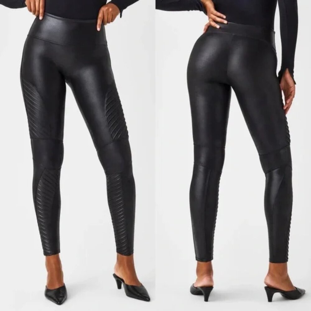 Spanx Women’s Faux Leather Moto Style Leggings Sz Small Black Shapewear Fitness